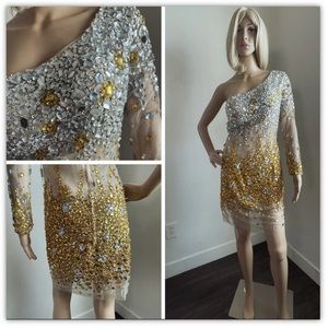Angel & Brinks  Gold Crystal Beaded Sequin Mesh Dress Silver Metallic RRP $195